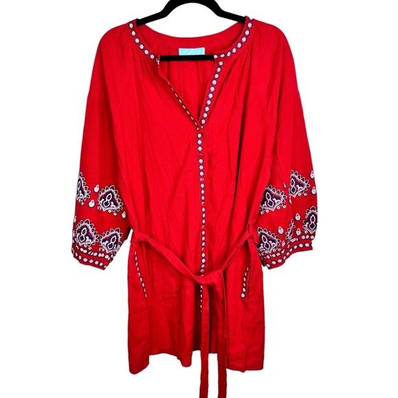 Melissa Odabash NWOT Tania Red Kaftan Dress Large Embroidered Tie Waist - Picture 8 of 16